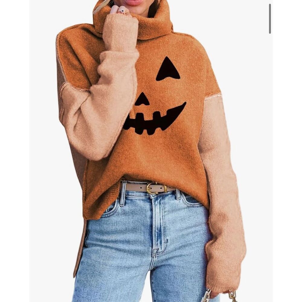NEW~Y2K Turtleneck Fall Halloween Color Block Side Slit Pullover Knit Sweater L